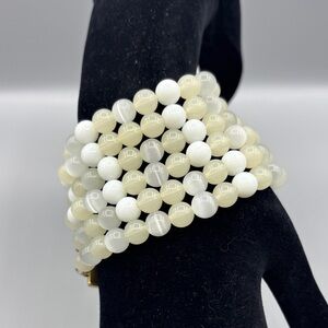 Wide Six Strand Opalite Moonstone and Milk Glass Bead Bracelet JP285